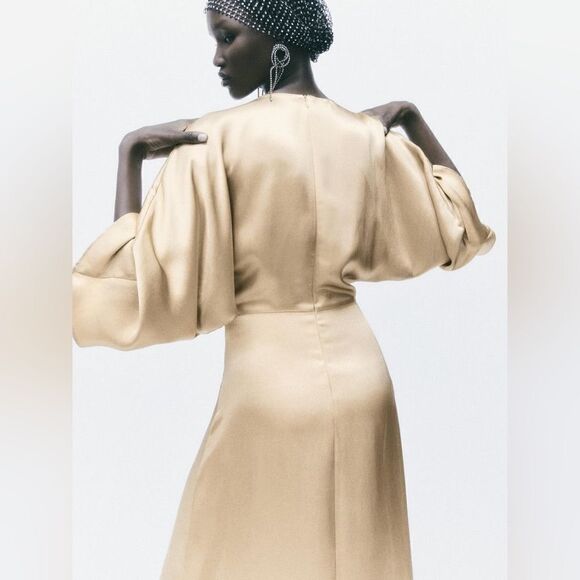 Zara Satin Gold Midi Knot Dress New - Picture 7 of 12